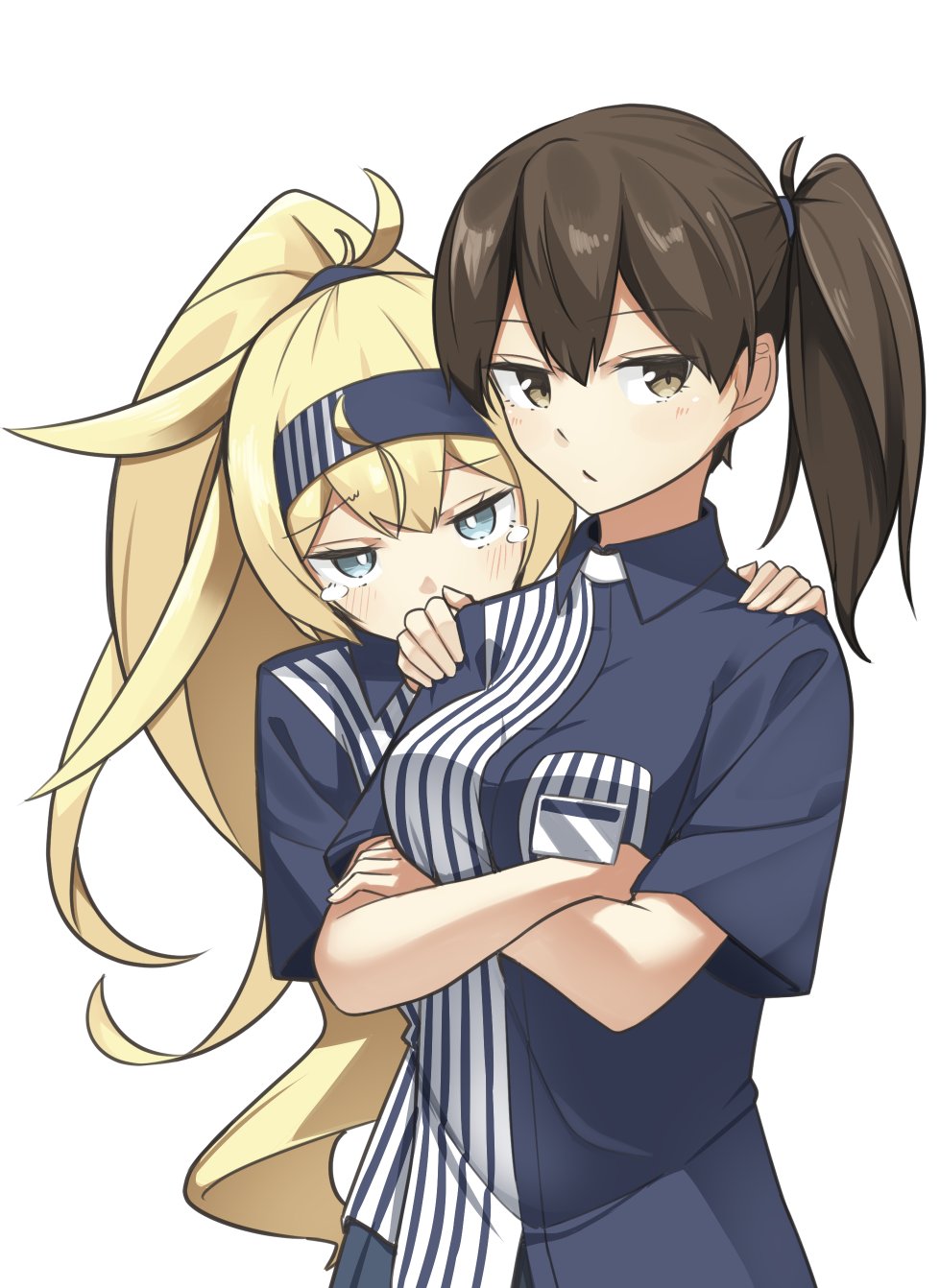 2girls bangs behind_another blonde_hair blue_eyes blue_shirt blush breasts brown_eyes brown_hair crossed_arms employee_uniform eyebrows_visible_through_hair gambier_bay_(kantai_collection) hairband highres kaga_(kantai_collection) kantai_collection lawson long_hair medium_breasts multiple_girls negahami ponytail shirt side_ponytail simple_background striped striped_shirt tearing_up tears uniform vertical-striped_shirt vertical_stripes white_background