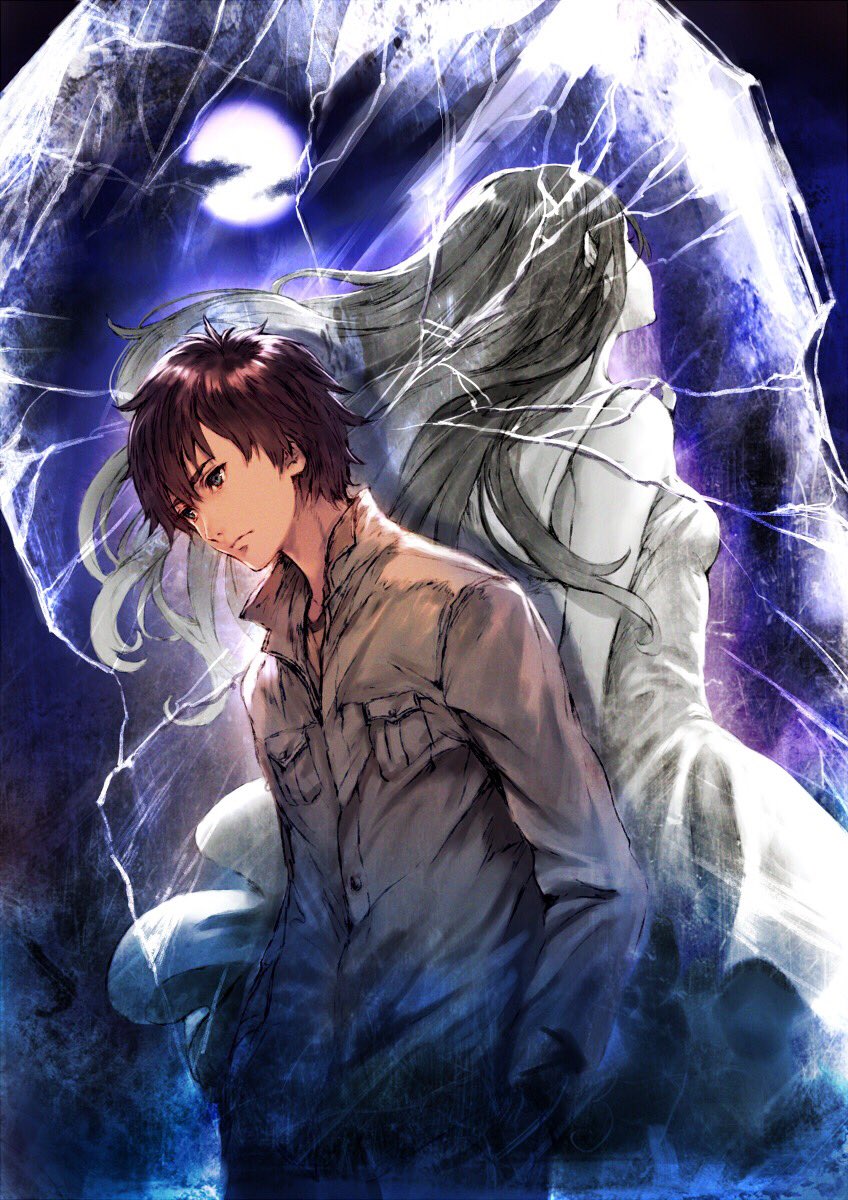 1boy 1girl artist_request bare_shoulders broken_glass brown_hair closed_mouth clouds cloudy_sky cracked dress glass grey_eyes hands_in_pockets highres long_hair moon night night_sky original sky standing