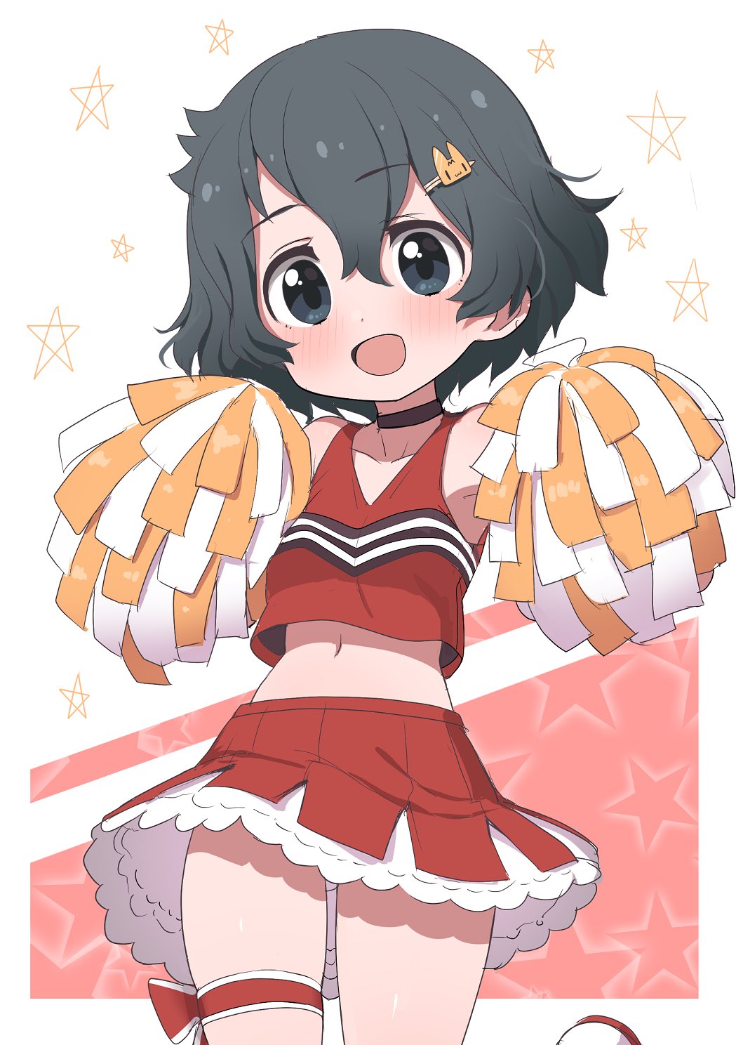 1girl alternate_costume bare_legs bare_shoulders black_hair blue_eyes blush cheerleader choker commentary_request cowboy_shot crop_top eyebrows_visible_through_hair frilled_skirt frills hair_ornament hairclip highres kaban_(kemono_friends) kemono_friends looking_at_viewer midriff multicolored multicolored_clothes multicolored_skirt navel no_hat no_headwear pleated_skirt pom_poms ransusan red_shirt red_skirt shirt short_hair skirt sleeveless smile solo thigh_bow thigh_strap white_skirt