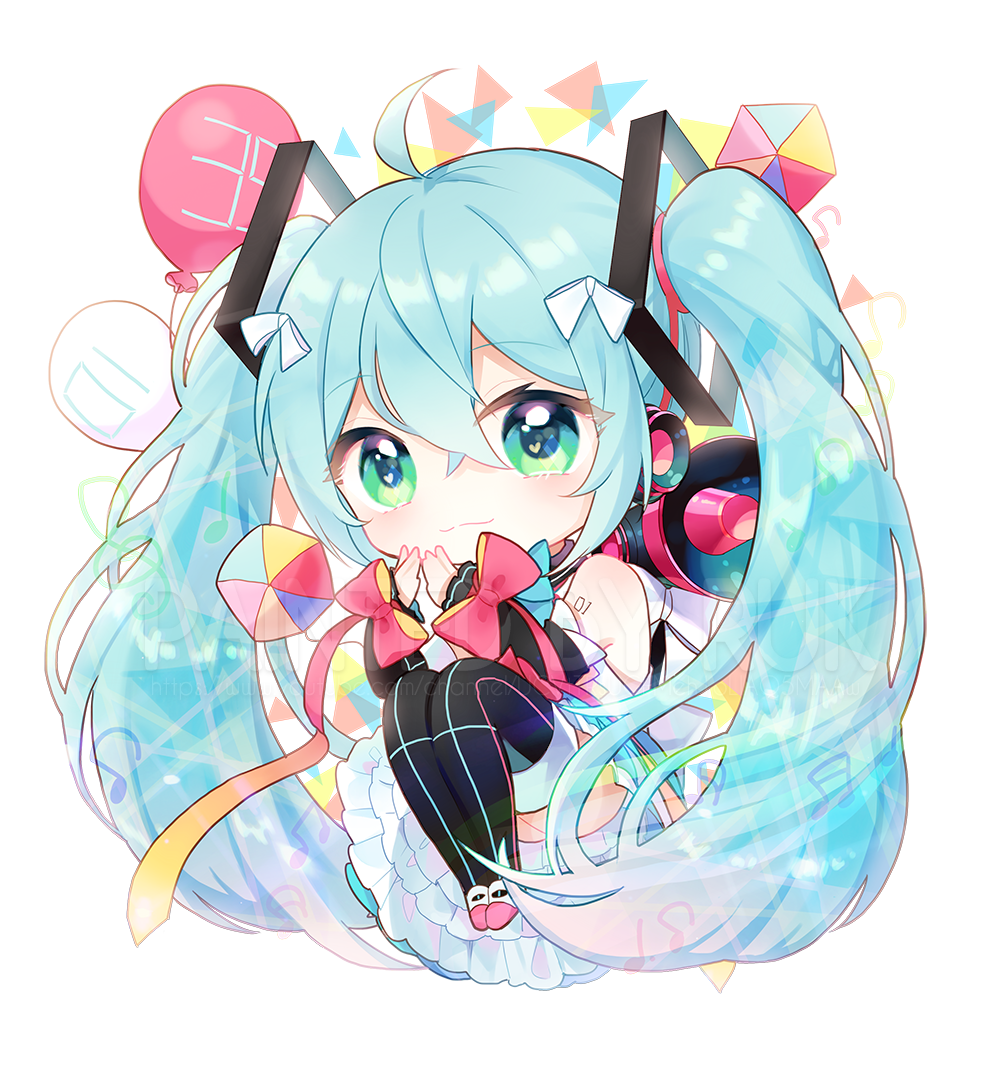 1girl 39 ahoge aqua_eyes aqua_hair balloon bare_shoulders beamed_eighth_notes beamed_sixteenth_notes black_sleeves bow bowtie chibi commentary cube detached_sleeves eighth_note frilled_skirt frills full_body hair_ornament hands_together hatsune_miku headphones heart heart_in_eye layered_skirt leg_hug long_hair loudspeaker magical_mirai_(vocaloid) making-of_available musical_note quarter_note ribbon ruk_(spi1116) shirt shoulder_tattoo sitting skirt sleeveless sleeveless_shirt striped striped_legwear symbol_in_eye tattoo thigh-highs triangle twintails very_long_hair vocaloid white_background