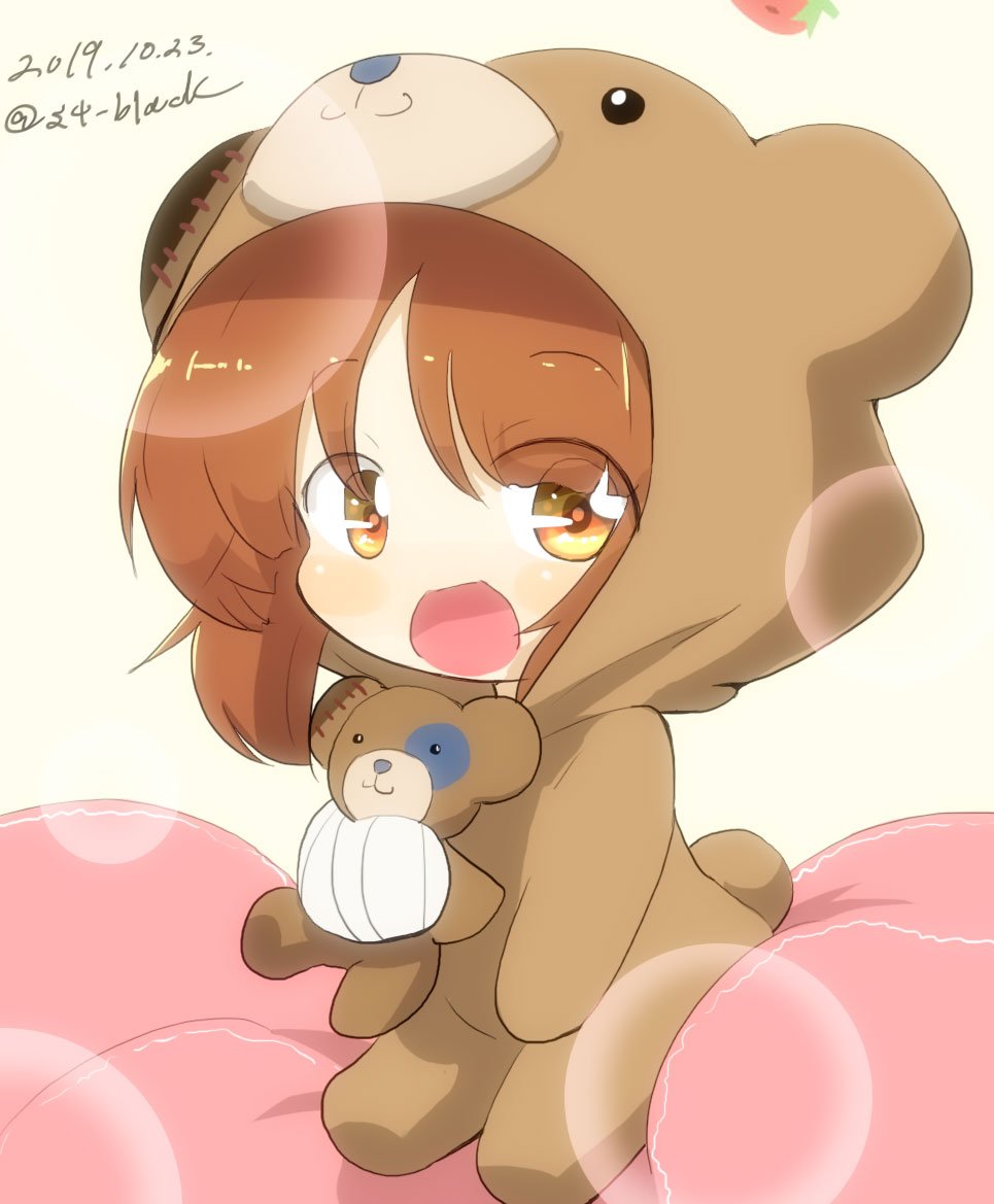 1girl :d animal_costume bandages bangs bear_costume bear_hood blurry bokeh boko_(girls_und_panzer) boko_(girls_und_panzer)_(cosplay) brown_eyes brown_hair commentary cosplay dated depth_of_field eyebrows_visible_through_hair girls_und_panzer holding holding_stuffed_animal hood hood_up jinguu_(4839ms) looking_at_viewer nishizumi_miho open_mouth short_hair sitting smile solo stuffed_animal stuffed_toy twitter_username younger