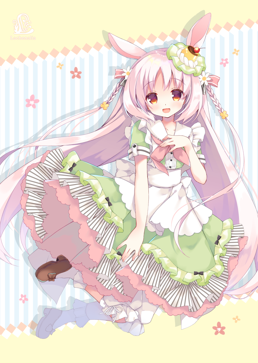 1girl :d animal_ears apron bangs blush bobby_socks brown_footwear collarbone collared_dress commentary_request dress eyebrows_visible_through_hair flower full_body green_dress hand_up highres long_hair looking_at_viewer neckerchief open_mouth original pink_hair pink_neckwear purinko rabbit_ears red_eyes shoes short_sleeves smile socks solo striped striped_background vertical-striped_background vertical_stripes very_long_hair waist_apron white_apron white_flower white_legwear