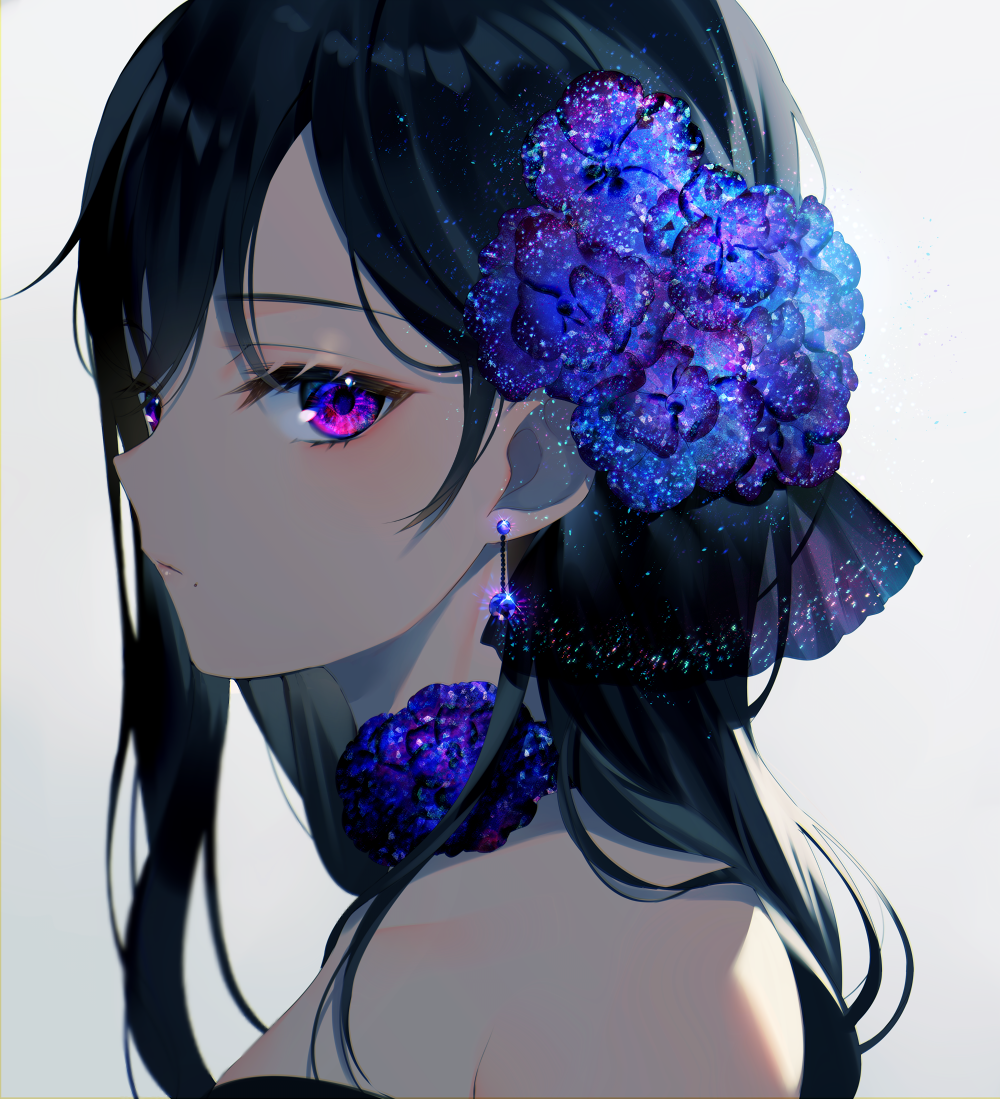 1girl achiki bangs bare_shoulders black_hair choker closed_mouth dress earrings eyelashes flower from_side grey_background hair_flower hair_ornament hair_ribbon jewelry long_hair looking_at_viewer makeup mole mole_under_mouth original purple_flower ribbon see-through simple_background solo strapless strapless_dress upper_body violet_eyes