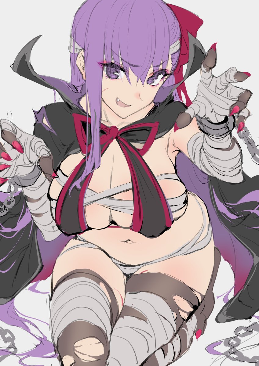 bandaged_arm bandaged_leg bandages bb_(fate)_(all) bow breasts cape chain covered_nipples cuffs eyebrows_visible_through_hair eyes_visible_through_hair eyeshadow facial_scar fang fate/grand_order fate_(series) fingernails grey_background haoni highres injury makeup navel open_mouth red_nails red_neckwear scar shackles sharp_fingernails simple_background sitting sketch smile torn_clothes torn_legwear