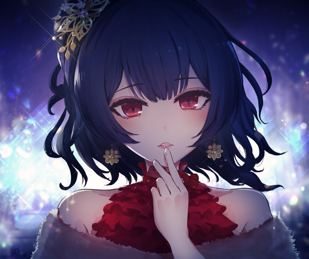1girl bangs bare_shoulders black_hair collarbone commentary_request dress earrings eyebrows_visible_through_hair glint hair_ornament hand_up idolmaster idolmaster_shiny_colors jewelry looking_at_viewer minyom morino_rinze parted_lips red_dress red_eyes sleeveless sleeveless_dress solo upper_body