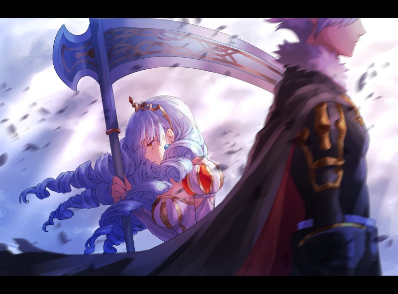 1boy 1girl angeline black_cape blue_earrings blurry_foreground breasts cape clouds cloudy_sky drill_hair emperor_(sennen_sensou_aigis) hi-na1 long_hair long_sleeves medium_breasts outdoors profile puffy_short_sleeves puffy_sleeves scythe sennen_sensou_aigis short_sleeves sky tiara wind