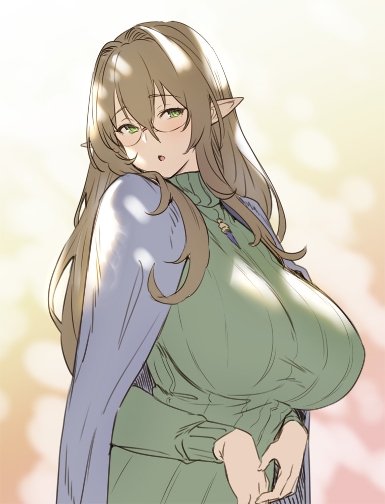 1girl breasts brown_hair brown_haired_glasses_elf_(houtengeki) dappled_sunlight elf glasses green_eyes green_sweater hair_intakes houtengeki jewelry large_breasts long_hair original pendant pointy_ears ribbed_sweater shawl solo sunlight sweater turtleneck turtleneck_sweater upper_body