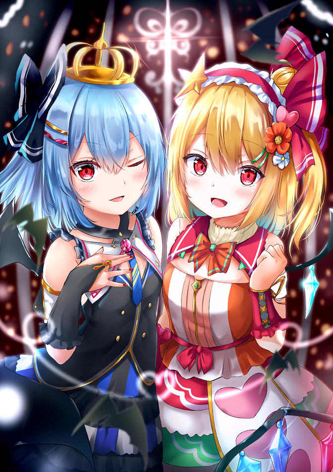 2girls :d ;d alternate_costume bangs bare_shoulders bat_wings black_bow black_dress black_gloves blonde_hair blue_hair blush bow bowtie bridal_gauntlets clenched_hand commentary_request crown crystal dress eyebrows_visible_through_hair flandre_scarlet flower frilled_hairband frilled_shirt_collar frills gloves hair_between_eyes hair_bow hair_flower hair_ornament hair_ribbon hairband hairclip hand_up lolita_hairband looking_at_viewer multiple_girls nail_polish one_eye_closed one_side_up open_mouth orange_bow orange_flower orange_neckwear red_eyes red_hairband red_nails red_ribbon remilia_scarlet renka_(cloudsaikou) ribbon short_hair siblings sisters smile touhou wings wrist_cuffs