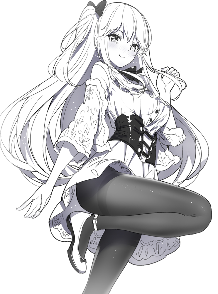 1girl bangs blush bow breasts closed_mouth commentary_request dress emily_stock eyebrows_visible_through_hair greyscale hair_between_eyes hair_bow hand_up long_hair looking_at_viewer medium_breasts monochrome nose_blush one_side_up original pantyhose ririko_(zhuoyandesailaer) shoes short_sleeves simple_background smile solo standing standing_on_one_leg thighband_pantyhose underbust very_long_hair white_background wide_sleeves