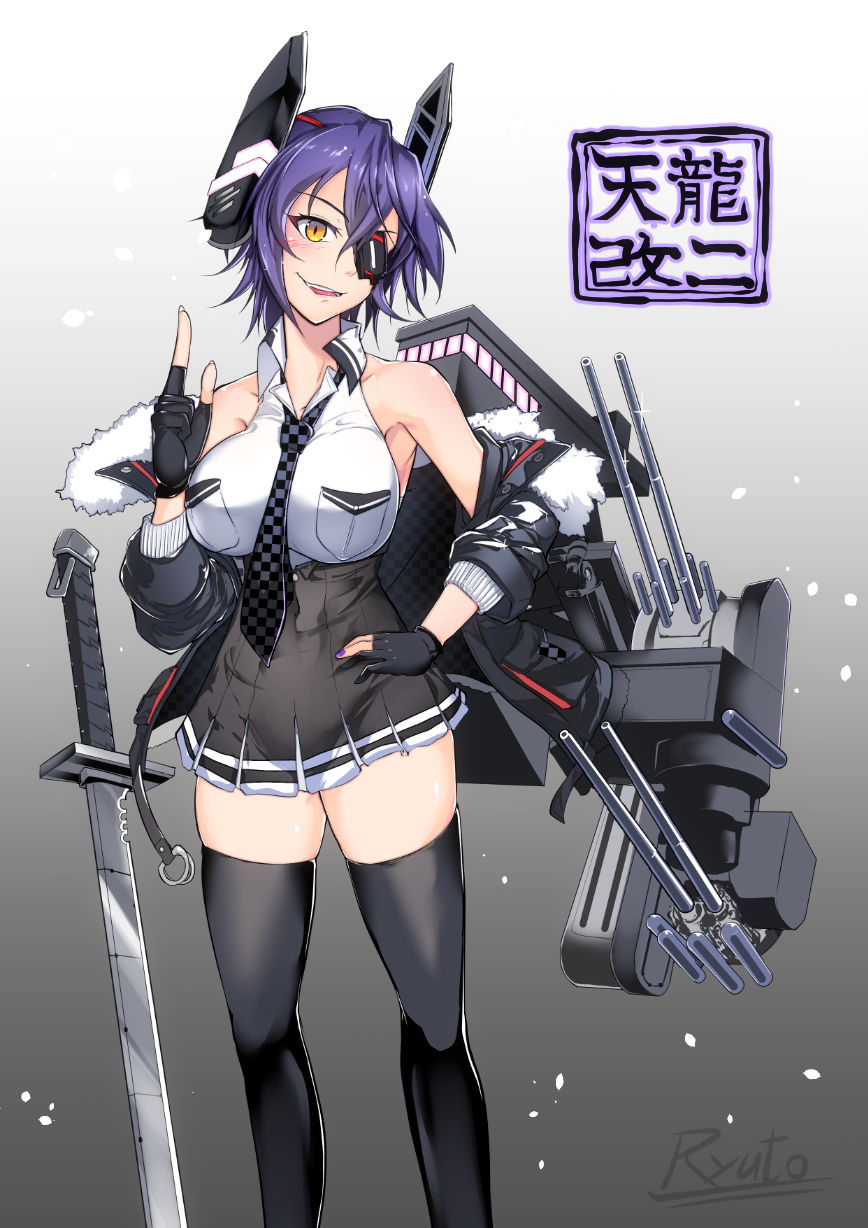 1girl black_gloves blush breasts checkered checkered_neckwear coat eyebrows_visible_through_hair eyepatch fur-trimmed_hood gloves gradient gradient_background hair_between_eyes headgear highres kantai_collection large_breasts looking_at_viewer machinery necktie open_mouth partly_fingerless_gloves purple_hair ryuu_tou school_uniform short_hair skirt smile solo sword tenryuu_(kantai_collection) thigh-highs turret weapon winter_clothes winter_coat yellow_eyes