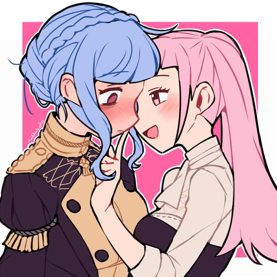 2girls @_@ artist_name blue_hair braid brown_eyes closed_mouth crown_braid do_m_kaeru fire_emblem fire_emblem:_three_houses from_side garreg_mach_monastery_uniform hilda_valentine_goneril long_hair marianne_von_edmund multiple_girls open_mouth pink_eyes pink_hair simple_background twintails uniform upper_body yuri