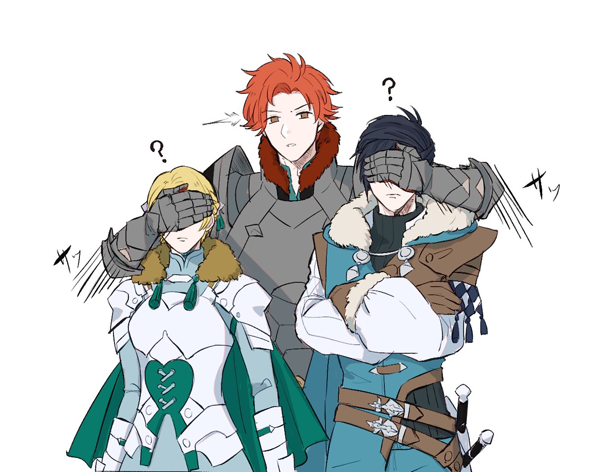 1girl 2boys 9jsleep armor belt black_hair blonde_hair cape closed_mouth covering_another's_eyes crossed_arms felix_hugo_fraldarius fire_emblem fire_emblem:_three_houses fur_trim green_cape ingrid_brandl_galatea long_sleeves multiple_boys parted_lips redhead sheath sheathed short_hair simple_background sword sylvain_jose_gautier upper_body weapon white_background