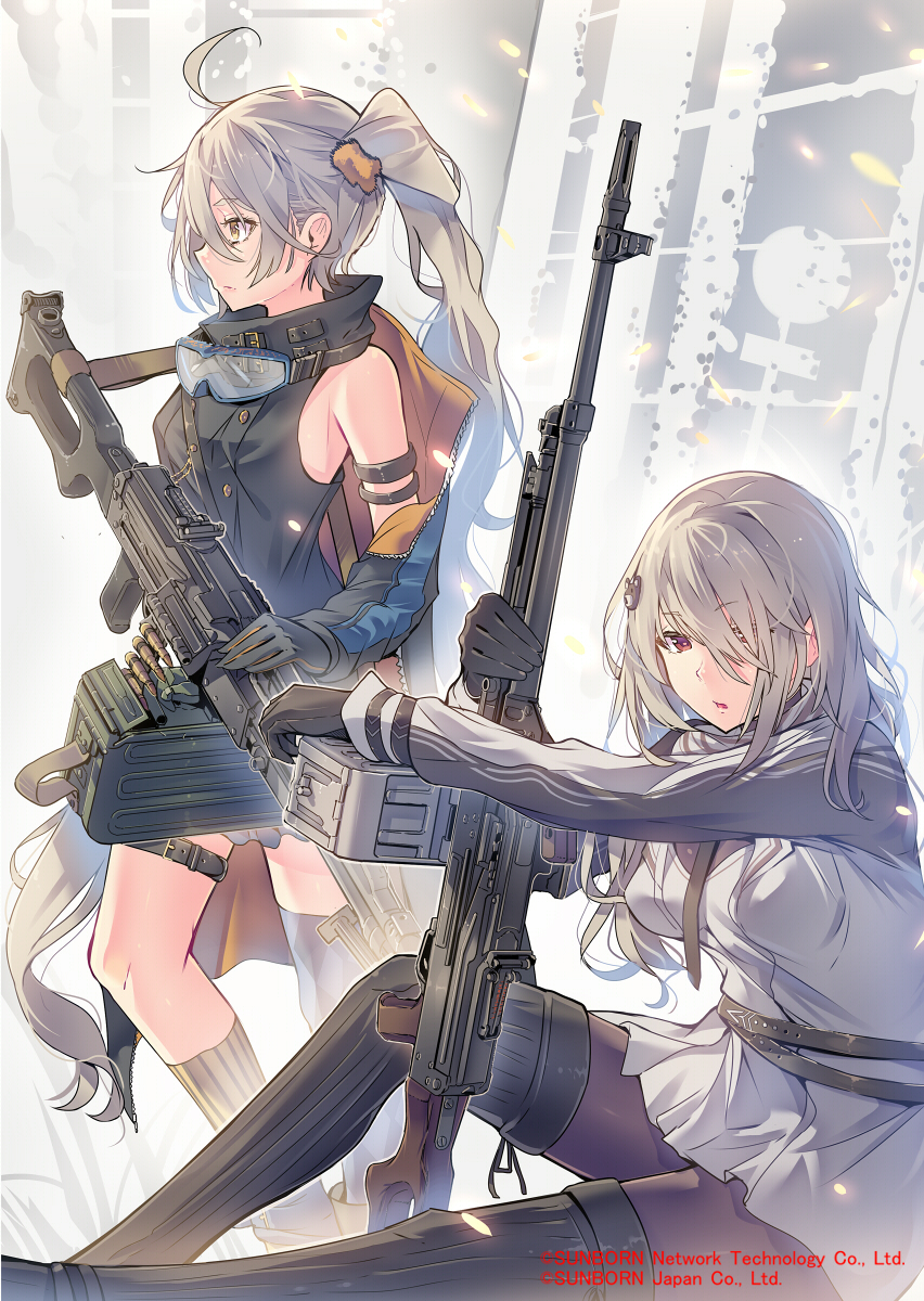2girls ahoge ammunition_belt arm_strap bangs bare_shoulders black_footwear black_gloves black_jacket black_shirt boots commentary_request daito girls_frontline gloves goggles goggles_around_neck grey_hair gun hair_ornament hair_over_one_eye high_collar highres holding holding_gun holding_weapon jacket leg_belt long_hair long_sleeves looking_at_viewer looking_away multiple_girls off_shoulder pantyhose parted_lips pk_(girls_frontline) pk_machine_gun pkp_(girls_frontline) pkp_pecheneg ponytail red_eyes shirt sidelocks sitting sleeveless sleeveless_shirt standing strap thigh-highs thigh_boots watermark weapon white_shirt yellow_eyes