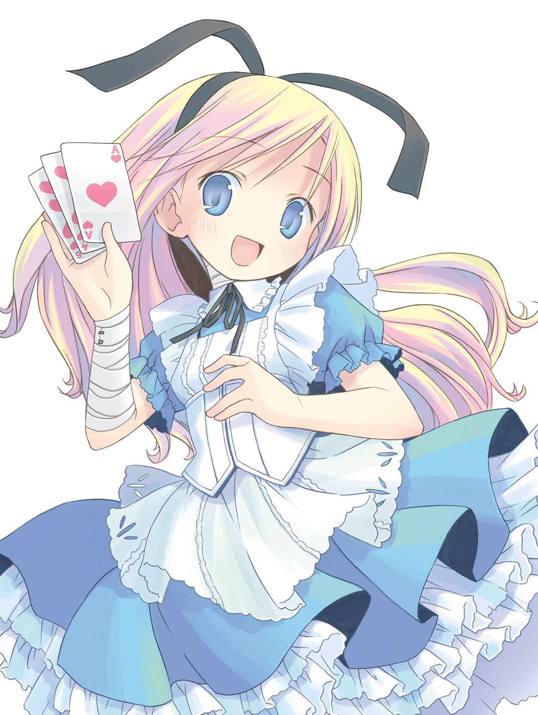 1girl :d ace_of_hearts alice_(wonderland) alice_in_wonderland apron bandaged_arm bandages bangs black_ribbon blonde_hair blue_dress blue_eyes blush breasts card dress eyebrows_visible_through_hair frilled_dress frilled_shirt_collar frills hair_ribbon heart highres holding holding_card long_hair neck_ribbon open_mouth playing_card pleated_dress pop_(electromagneticwave) puffy_short_sleeves puffy_sleeves ribbon short_sleeves simple_background small_breasts smile solo very_long_hair white_apron white_background