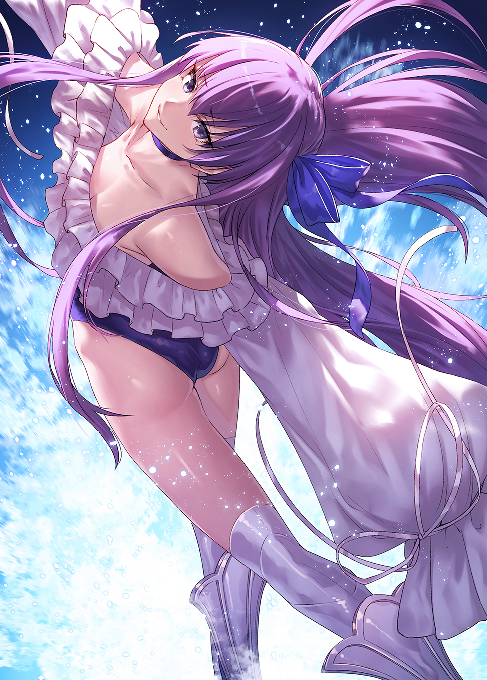 1girl arched_back ass bangs bare_shoulders blue_eyes blue_ribbon blue_swimsuit breasts choker collarbone fate/grand_order fate_(series) frills greaves hair_between_eyes highleg highleg_swimsuit highres ibuki_notsu long_hair long_sleeves looking_at_viewer meltryllis meltryllis_(swimsuit_lancer)_(fate) one-piece_swimsuit parted_lips prosthesis prosthetic_leg puffy_sleeves purple_hair ribbon sleeves_past_fingers sleeves_past_wrists small_breasts smile solo swimsuit thighs very_long_hair water