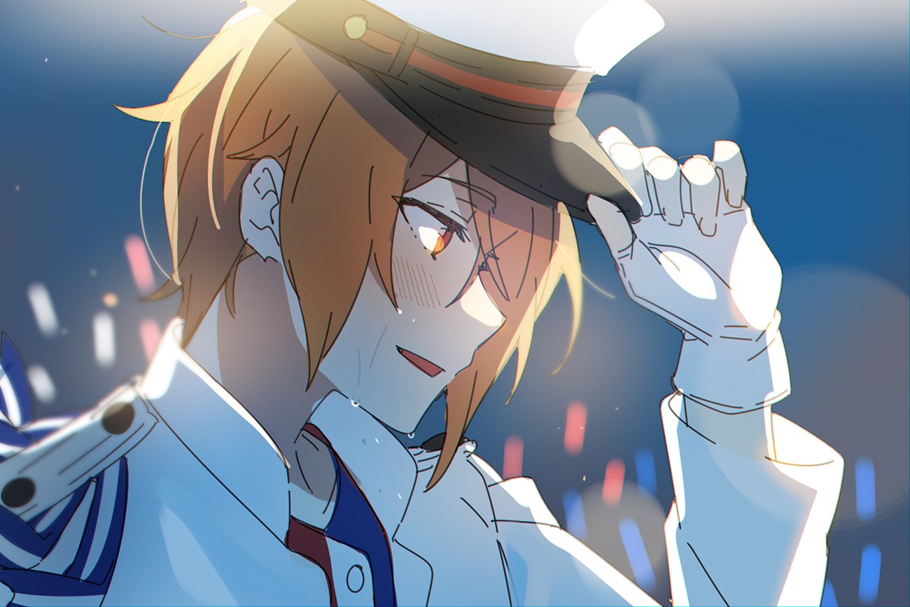 1boy adjusting_clothes adjusting_hat audience concert f-lags_(idolmaster) glowstick hair_over_one_eye hat idol idolmaster idolmaster_side-m male_focus open_mouth orange_eyes orange_hair scarf simple_background smile solo tsukumo_kazuki yubu