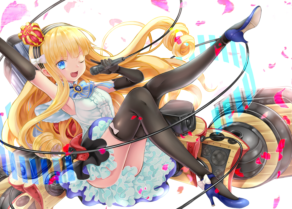 1girl ;d arm_up azur_lane black_gloves black_legwear blonde_hair blue_eyes blue_footwear bow breasts commentary_request crown drill_hair elbow_gloves fang gloves hairband high_heels holding holding_microphone leg_lift long_hair machinery microphone mini_crown one_eye_closed open_mouth petals queen_elizabeth_(azur_lane) shirt shoes sitting skirt sleeveless sleeveless_shirt small_breasts smile solo thigh-highs user_ksya5233 very_long_hair white_background white_bow white_shirt