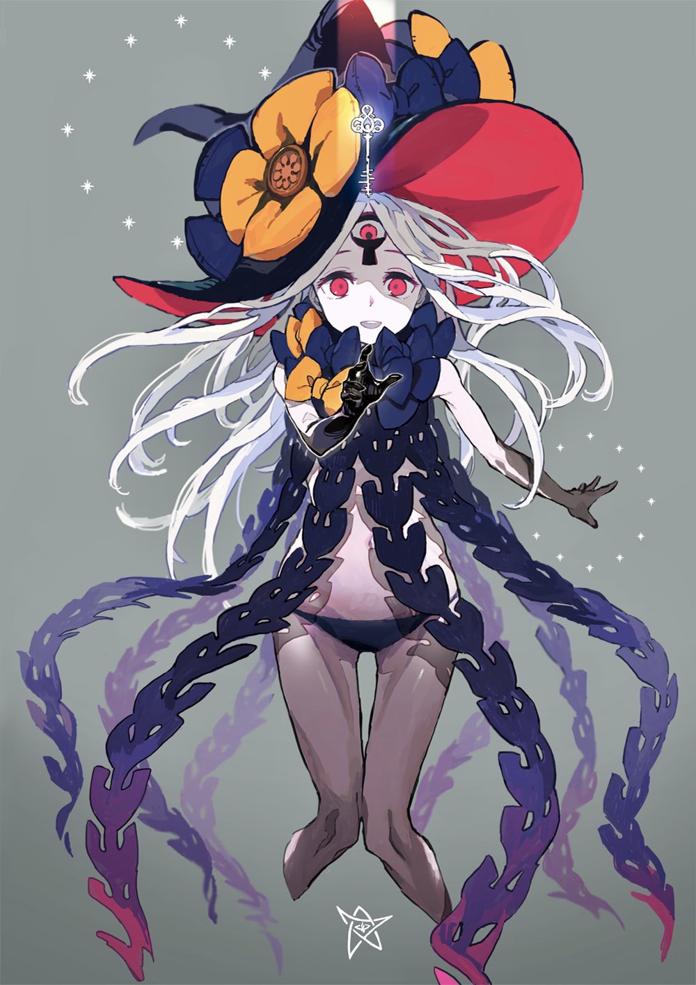 1girl abigail_williams_(fate/grand_order) atory_totory bangs black_bow black_panties black_skin bow cropped_legs cthulhu_mythos fate/grand_order fate_(series) flower grey_background hat hat_flower highres key long_hair orange_bow outstretched_hand pale_skin panties parted_bangs pink_eyes solo tentacles thigh_gap third_eye underwear white_hair white_skin