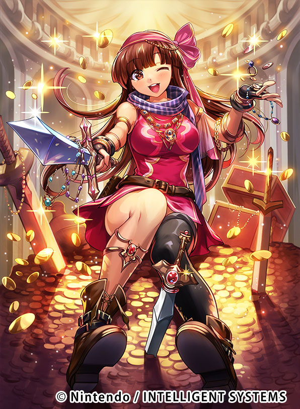 1girl belt blush boots bracelet brown_eyes brown_hair chachie coin dagger daisy_(fire_emblem) fingerless_gloves fire_emblem fire_emblem:_genealogy_of_the_holy_war fire_emblem_cipher gloves headband jewelry long_hair necklace official_art one_eye_closed open_mouth ring scarf sitting solo sparkle sword teeth weapon
