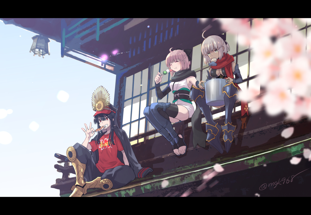 3girls ahoge architecture arm_guards armored_boots black_bow black_hair black_headwear black_jacket black_pants black_scarf blue_sky boots bow buster_shirt cherry_blossoms closed_eyes dango dark_skin day east_asian_architecture eating family_crest fate/grand_order fate_(series) food food_in_mouth grin hair_bow hand_up holding holding_food holding_pot jacket jacket_on_shoulders japanese_clothes kimono koha-ace letterboxed long_hair mgk968 multiple_girls oda_nobunaga_(fate) oda_nobunaga_(fate)_(all) oda_uri oden okita_souji_(alter)_(fate) okita_souji_(fate) okita_souji_(fate)_(all) open_toe_shoes outdoors pants petals pink_hair ponytail pot red_eyes red_scarf red_shirt sanshoku_dango scarf shirt short_hair short_sleeves silver_hair sitting sky sleeveless sleeveless_kimono smile tree tsukimi_dango twitter_username wagashi white_kimono