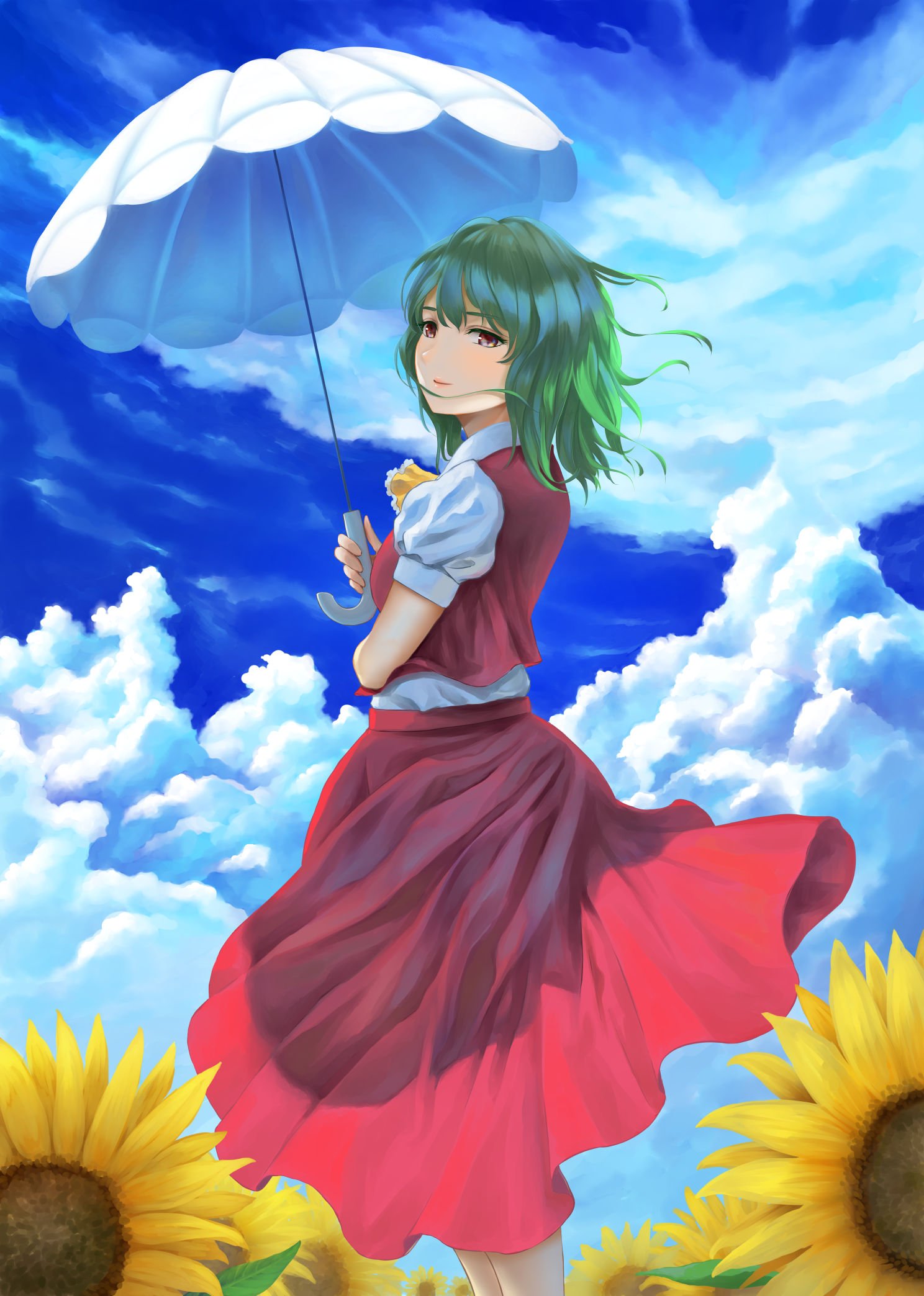 1girl ascot brown_eyes clouds cloudy_sky flower green_hair highres kazami_yuuka lennard_hirao long_skirt looking_at_viewer looking_back puffy_short_sleeves puffy_sleeves red_skirt red_vest shirt short_hair short_sleeves skirt skirt_set sky smile solo sunflower touhou umbrella vest white_shirt wind yellow_neckwear