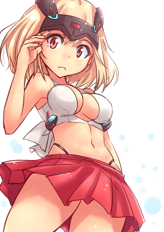 1girl arm_behind_back bangs black_panties blonde_hair breasts closed_mouth commentary_request cowboy_shot crop_top darius darius_burst frown headgear highleg highleg_panties kitayama_miuki looking_at_viewer medium_breasts microskirt navel panties pleated_skirt red_eyes red_skirt shirt short_hair simple_background skindentation skirt solo standing ti2 underwear white_background white_shirt