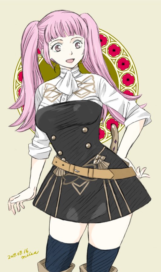 1girl breasts dated garreg_mach_monastery_uniform hand_on_hip hilda_valentine_goneril large_breasts long_hair miisa open_mouth pink_eyes pink_hair signature solo thigh-highs twintails uniform