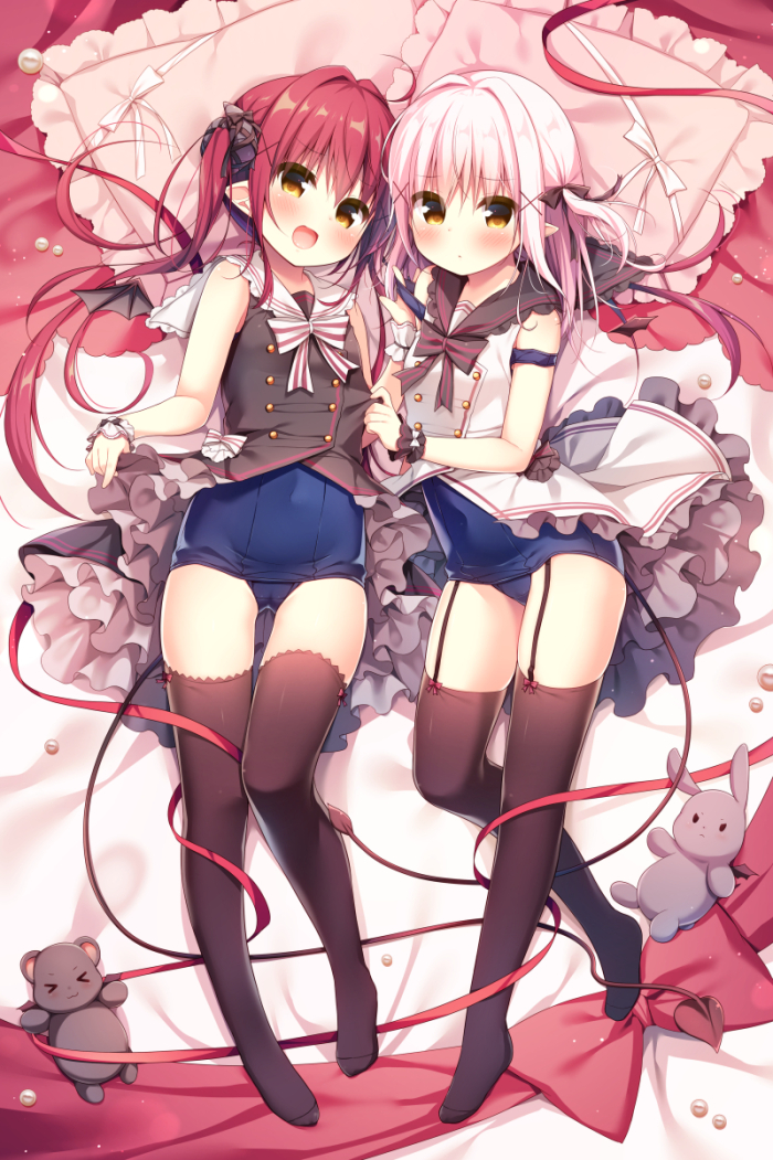 2girls :d bangs bed_sheet black_bow black_dress black_legwear black_sailor_collar black_wings blue_swimsuit blush bow brown_eyes closed_mouth commentary_request demon_girl demon_tail demon_wings detached_wings dress eyebrows_visible_through_hair garter_straps hair_between_eyes hair_ornament hanamiya_natsuka long_hair lying mini_wings multiple_girls no_shoes old_school_swimsuit on_back one-piece_swimsuit open_mouth original pillow pink_hair red_ribbon redhead ribbon sailor_collar sailor_dress school_swimsuit siblings sidelocks sisters smile striped striped_bow stuffed_animal stuffed_bunny stuffed_toy succubus swimsuit swimsuit_under_clothes tail teddy_bear thigh-highs twintails two_side_up very_long_hair white_bow white_dress white_sailor_collar wings x_hair_ornament