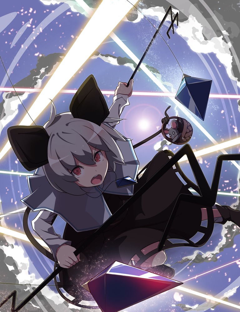 animal_ears bangs basket black_footwear capelet clouds cloudy_sky dowsing_rod fighting_stance grey_hair jewelry light_rays long_sleeves looking_at_viewer mouse mouse_ears mouse_tail nazrin open_mouth otoufu_(wddkq314band) panicking pendant red_eyes serious shoes short_hair sky sun tail touhou