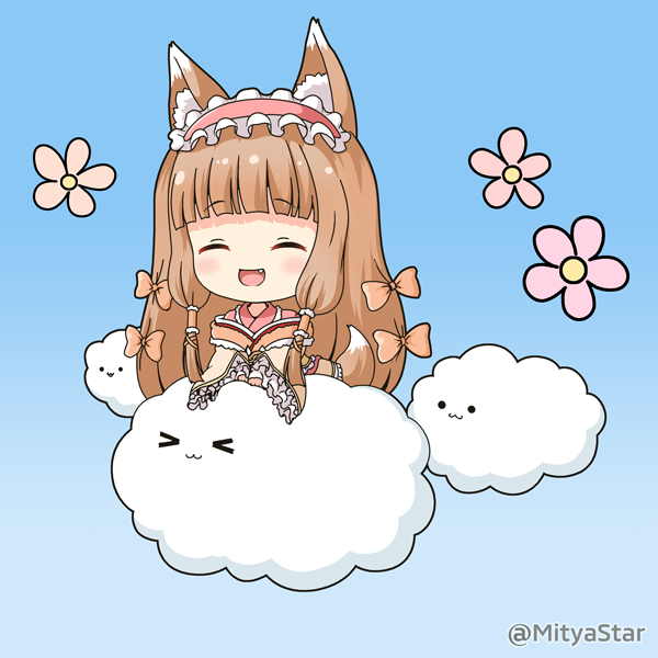&gt;_&lt; 1girl :3 :d ^_^ animal_ear_fluff animal_ears bangs blue_background blush bow brown_bow brown_hair brown_kimono closed_eyes closed_mouth clouds commentary_request dog_ears dog_girl dog_tail eyebrows_visible_through_hair fang flower hair_bow himemiya_maho japanese_clothes kimono long_hair miicha open_mouth pink_flower princess_connect! princess_connect!_re:dive smile solo tail twitter_username very_long_hair