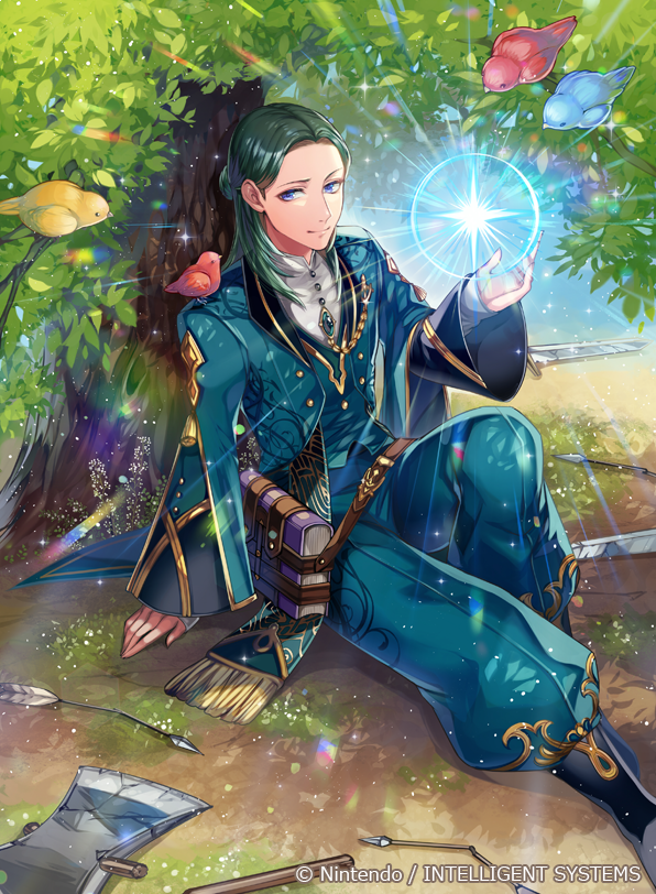 1boy arrow axe bird blue_eyes book boots fire_emblem fire_emblem:_three_houses fire_emblem_cipher green_hair leaf linhardt_von_hevring long_hair magic matsurika_youko official_art sitting solo sparkle tree