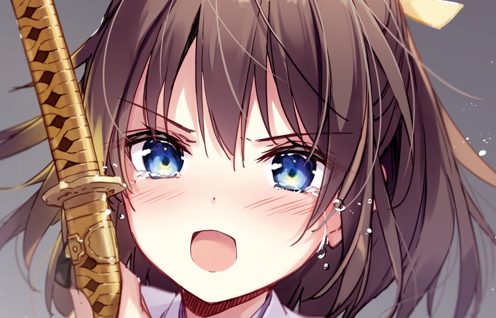 1girl bangs blush brown_hair commentary_request crying crying_with_eyes_open eyebrows_visible_through_hair female_saniwa_(touken_ranbu) grey_background hair_between_eyes holding holding_sheath katana long_hair looking_at_viewer mochizuki_shiina open_mouth portrait saniwa_(touken_ranbu) sheath sheathed solo sword tears touken_ranbu v-shaped_eyebrows weapon