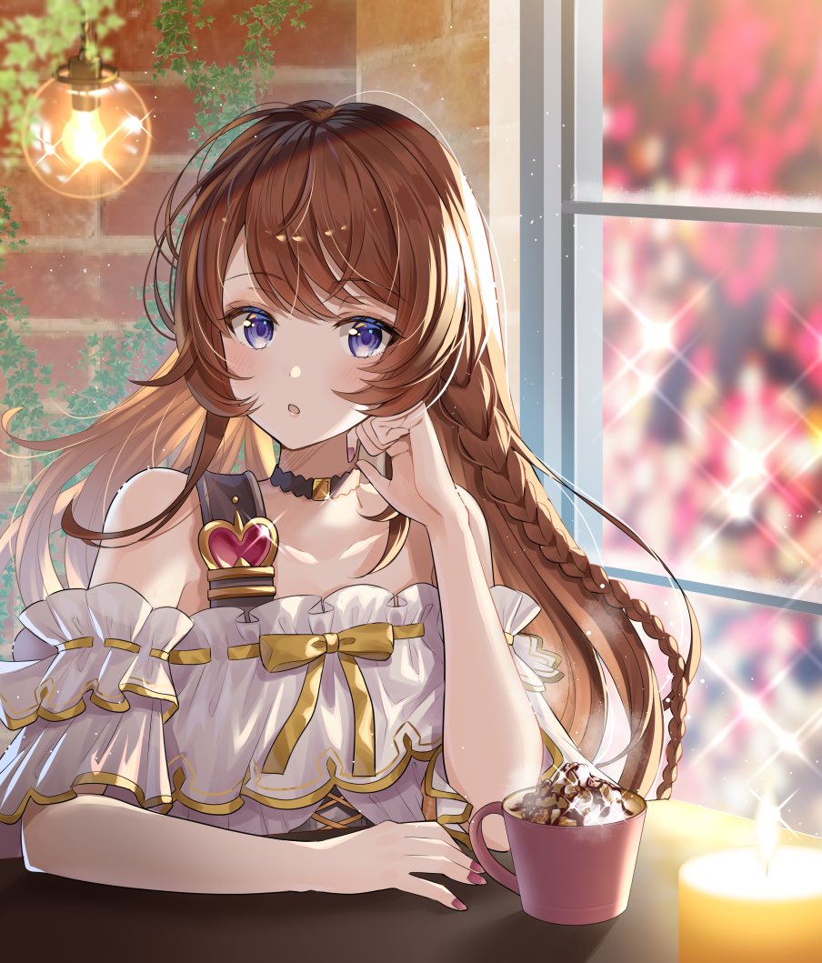 1girl bare_shoulders blue_eyes bow braid brown_hair candle choker dessert food granblue_fantasy lecia_(granblue_fantasy) long_hair myusha nail_polish pink_nails sparkle window