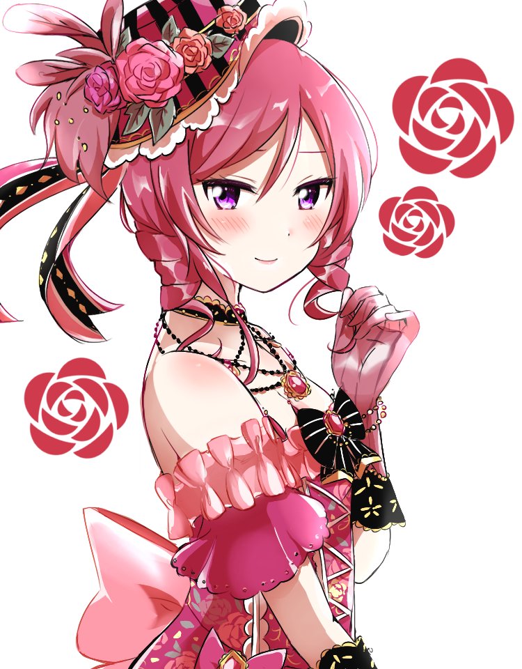 1girl bare_shoulders blush bracelet dress drill_hair flower gem gloves hat hat_feather hat_flower jewelry lips looking_at_viewer love_live! love_live!_school_idol_project neck_ribbon necklace nishikino_maki pitapi red_dress red_gloves redhead ribbon short_hair smile solo upper_body violet_eyes white_background