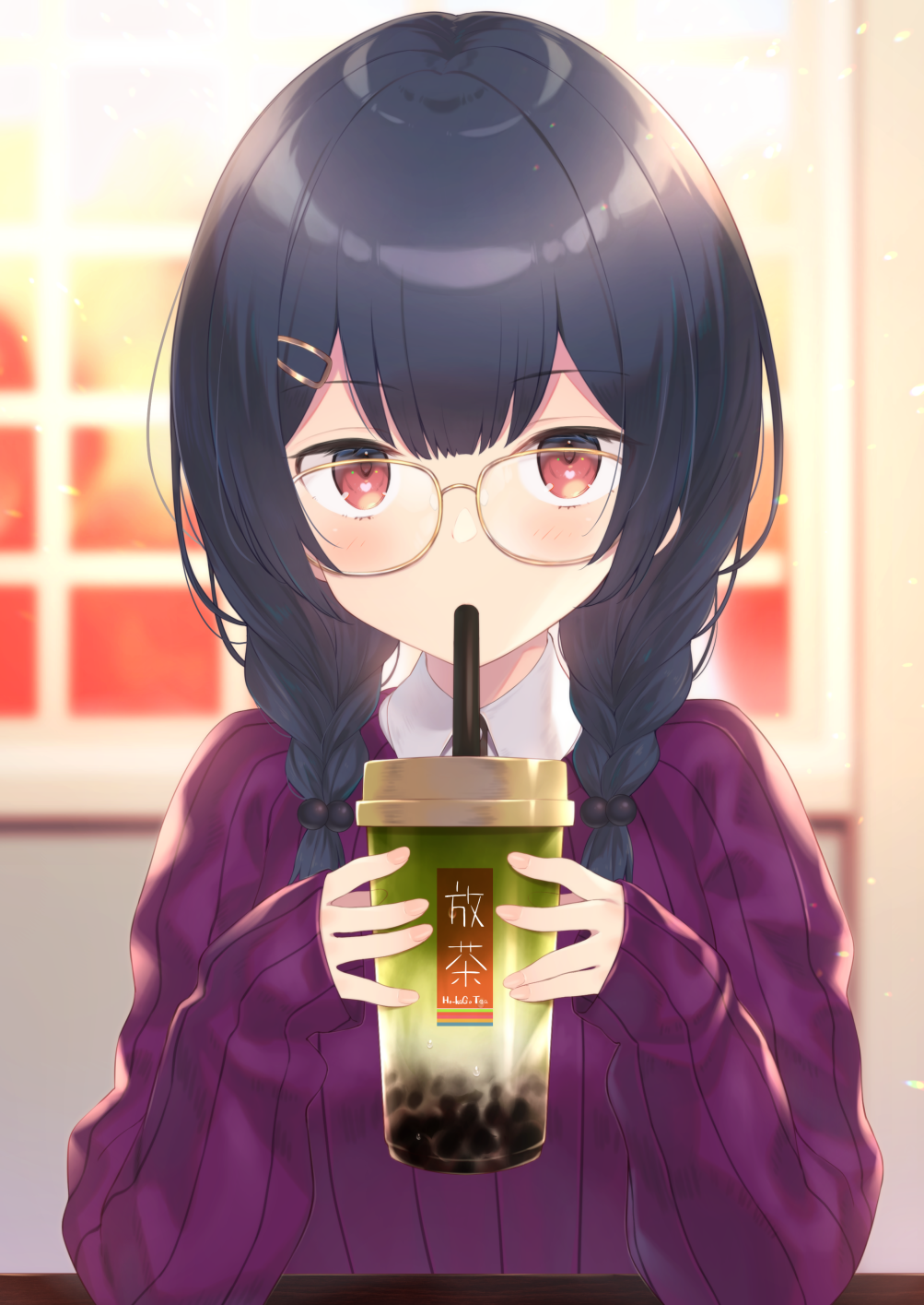 1girl bangs black_hair blurry blurry_background braid bubble_tea commentary_request cup depth_of_field disposable_cup drinking eyebrows_visible_through_hair glasses hair_ornament hairclip heart heart_in_eye highres holding holding_cup idolmaster idolmaster_shiny_colors kokusan_moyashi long_hair long_sleeves looking_at_viewer morino_rinze purple_sweater red_eyes sleeves_past_wrists solo sweater symbol_in_eye twin_braids upper_body yellow-framed_eyewear