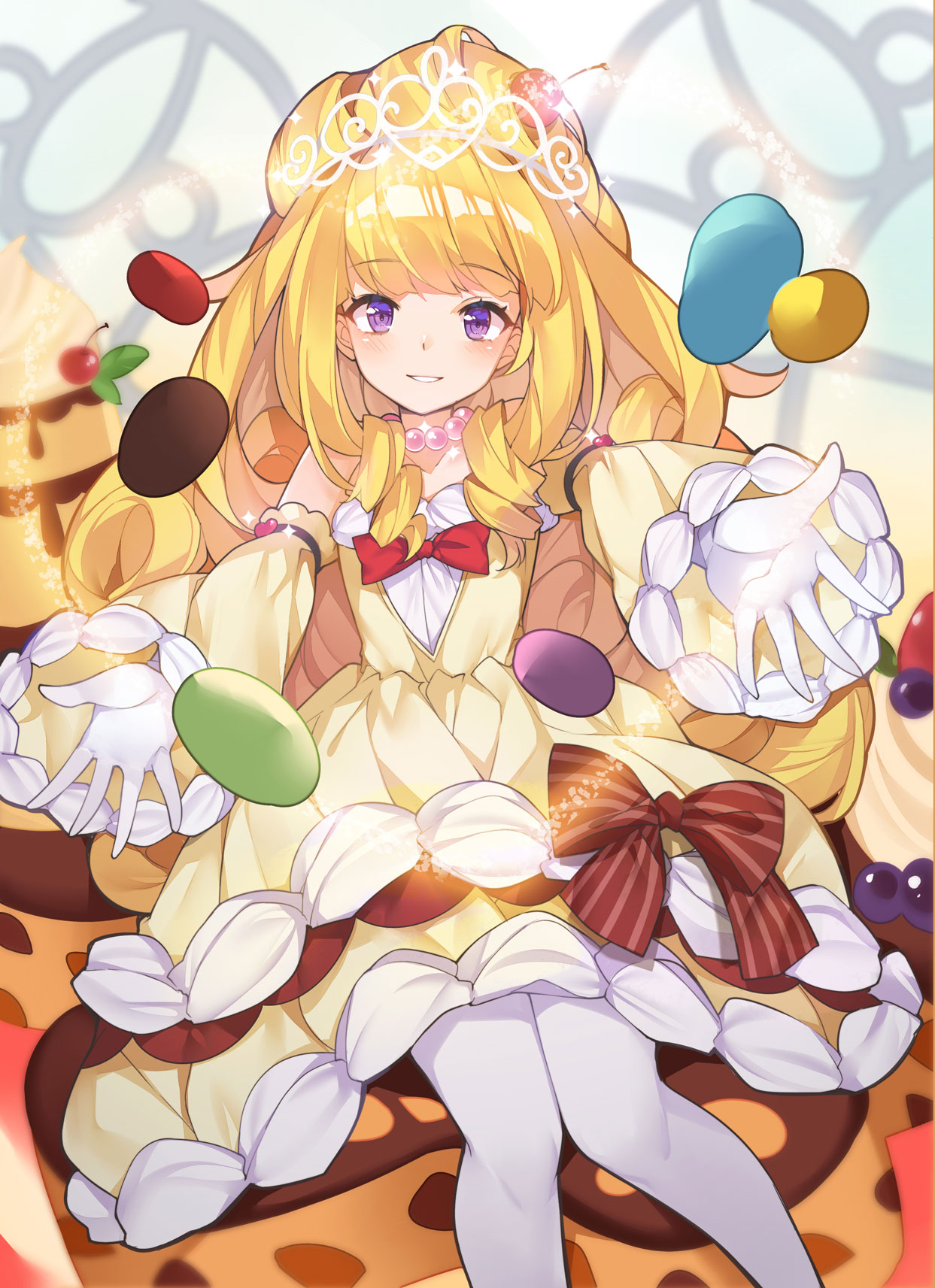 1girl bangs blonde_hair blunt_bangs blush bow cake cake_dress candy cherry cherry_hair_ornament commentary detached_sleeves dress drill_hair duel_monster eyebrows_visible_through_hair floating floating_object food food_as_clothes food_themed_hair_ornament fruit glint gloves hair_ornament highres jelly_bean jewelry kikistark long_hair madolche_puddingcess necklace outstretched_arms parted_lips pearl_necklace pudding red_bow sitting_on_food sleeveless sleeveless_dress smile solo sparkle striped striped_bow symbol_commentary tiara twin_drills very_long_hair violet_eyes whipped_cream white_gloves white_legwear yellow_dress yuu-gi-ou