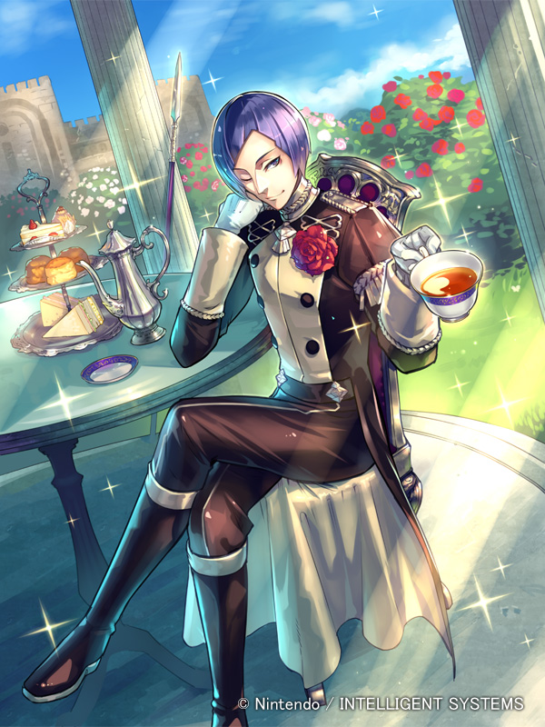 1boy asymmetrical_hair boots cake crossed_legs cup epaulettes fire_emblem fire_emblem:_three_houses fire_emblem_cipher flower food garreg_mach_monastery_uniform gloves grass kinoshita_kotetsu leaf lorenz_hellman_gloucester official_art one_eye_closed purple_hair rose sandwich sitting solo sparkle teacup teapot violet_eyes