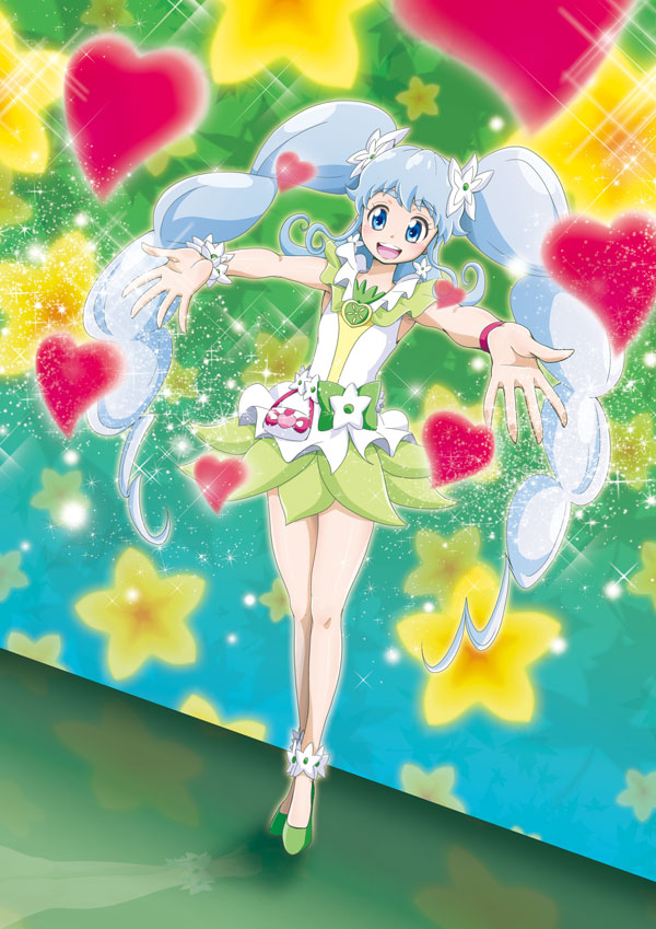 1girl :d bangs blue_eyes blush bow cure_princess earrings floating_hair full_body green_bow green_shirt green_skirt hair_ornament happinesscharge_precure! jewelry long_hair miniskirt niita open_mouth outstretched_arms outstretched_hand precure pumps shiny shiny_hair shirt silver_hair skirt sleeveless sleeveless_shirt smile solo standing very_long_hair white_shirt