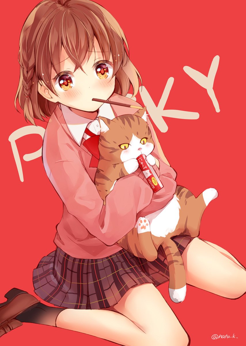 1girl animal bangs black_legwear blush bow bowtie braid brown_eyes brown_footwear brown_hair cat collared_shirt commentary_request food hair_tie hazuki_natsu highres holding holding_animal holding_cat long_sleeves looking_at_viewer miniskirt mouth_hold original pink_cardigan plaid plaid_skirt pocky red_background red_neckwear school_uniform shirt shoes short_hair side_braid simple_background sitting skirt socks solo twitter_username wariza