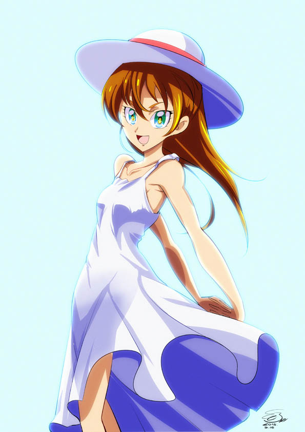 1girl 2018 :d arms_behind_back blue_background breasts brown_hair character_request collarbone dated dress floating_hair green_eyes hair_between_eyes hands_together hat interlocked_fingers leaning_back long_hair open_mouth precure see-through_silhouette shiny shiny_hair signature sleeveless sleeveless_dress small_breasts smile solo standing sun_hat sundress tomo5656ky white_dress white_headwear