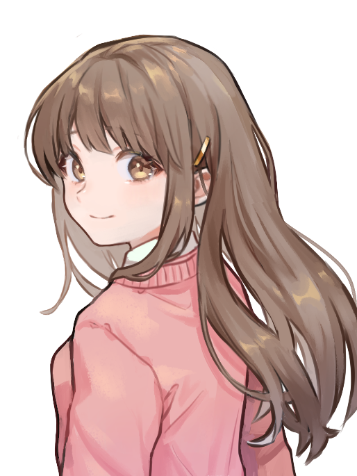 1girl bangs blush brown_eyes brown_hair closed_mouth collared_shirt eyebrows_behind_hair hair_ornament hairclip jacket long_hair looking_at_viewer looking_to_the_side original pink_jacket saino shirt simple_background smile solo upper_body white_background white_shirt