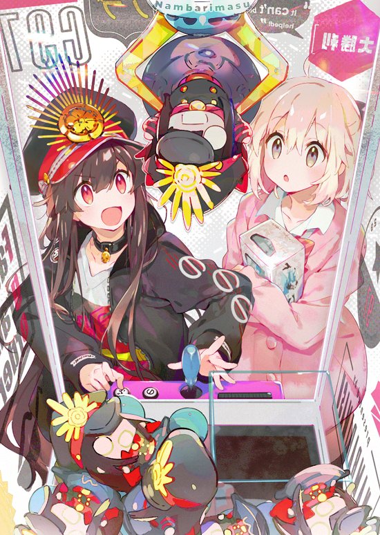 2girls ahoge black_hair black_jacket blonde_hair casual crane_game fate/grand_order fate_(series) grey_eyes hat jacket long_hair military_hat multiple_girls namie-kun oda_nobunaga_(fate)_(all) okita_souji_(fate)_(all) open_mouth pink_jacket red_eyes