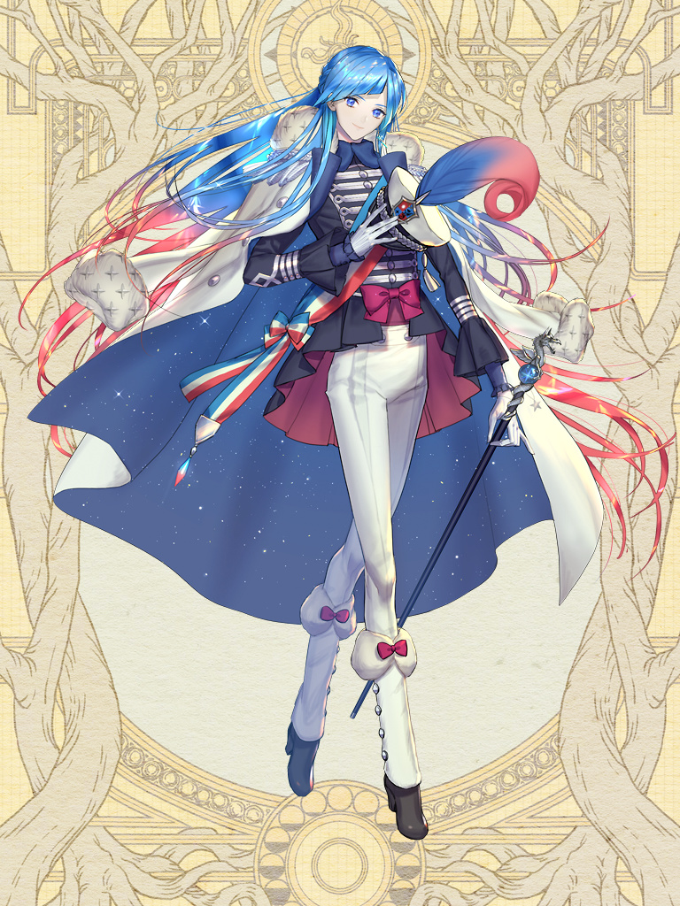 1girl blue_cape blue_eyes blue_hair cape commission dairoku_youhei full_body gloves gradient_hair hat hat_removed headwear_removed infospikee jacket_on_shoulders long_hair long_legs long_sleeves multicolored_hair pants redhead simple_background smile solo staff standing white_gloves white_pants