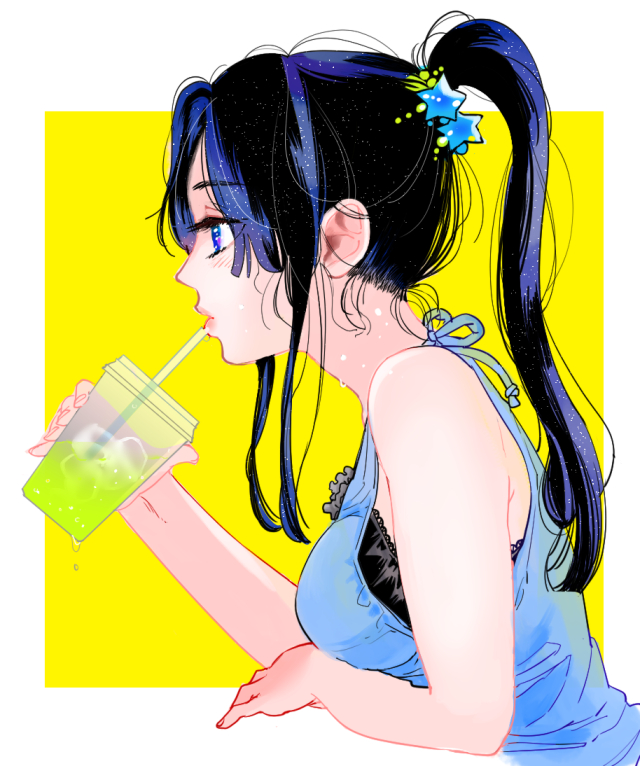 1girl black_hair blue_eyes breasts drink drinking_straw eyebrows_visible_through_hair gintama hair_ornament high_ponytail holding_drink ice ice_cube karin-m long_hair medium_breasts ponytail profile sidelocks simple_background solo star star_hair_ornament tokugawa_soyo