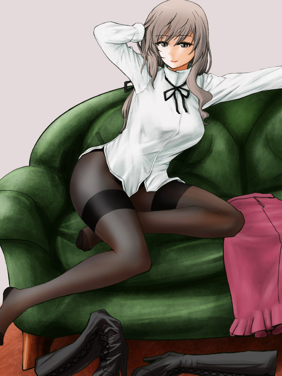 1girl arm_up bangs black_footwear black_legwear black_neckwear black_ribbon boots brown_eyes closed_mouth commentary_request couch dress_shirt eyebrows_visible_through_hair footwear_removed girls_und_panzer hair_ribbon half-closed_eyes hand_in_hair high_collar high_heel_boots high_heels highres indoors leaning_to_the_side legs light_brown_hair long_hair long_skirt long_sleeves looking_at_viewer mature neck_ribbon on_couch pantyhose red_skirt ribbon shimada_chiyo shirt skirt skirt_removed smile solo thighband_pantyhose white_shirt yoyokkun