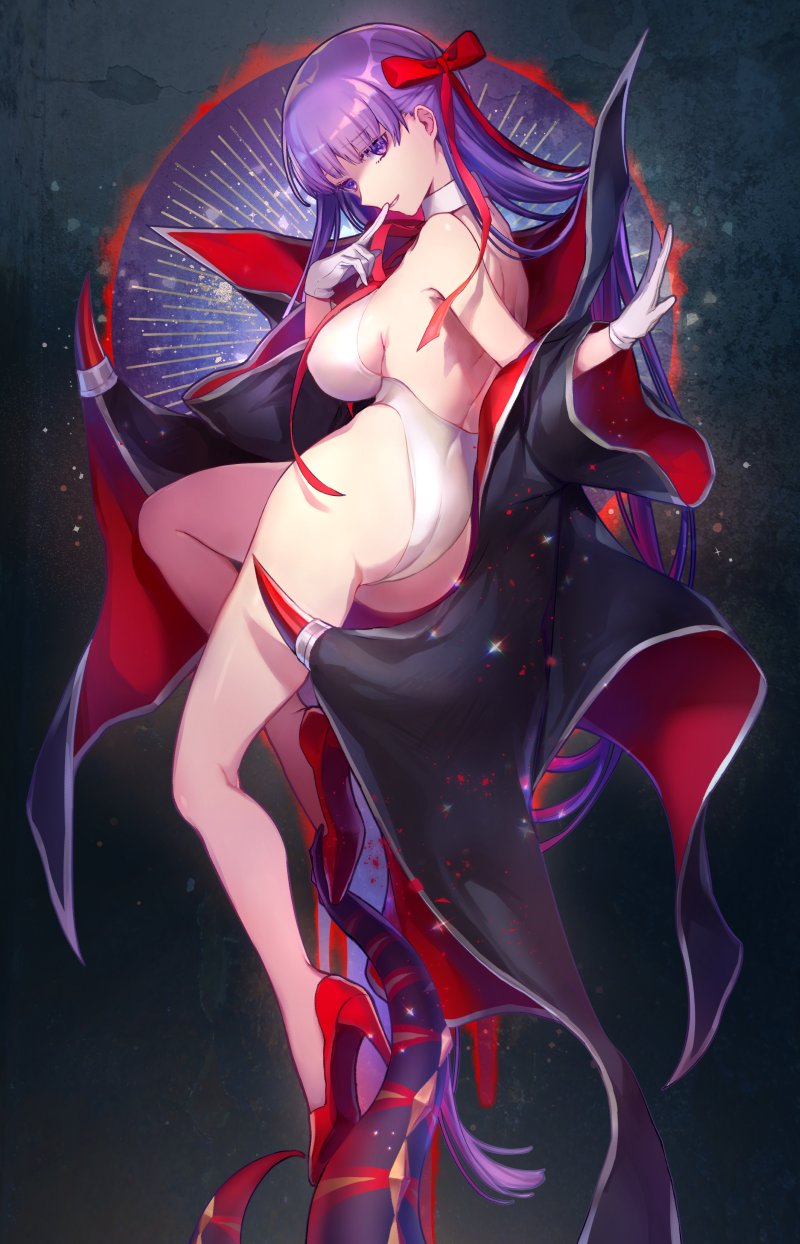 1girl ass bare_back bare_legs bb_(fate)_(all) bb_(swimsuit_mooncancer)_(fate) bow breasts cape commentary_request eyebrows_visible_through_hair fate/grand_order fate_(series) finger_to_mouth gloves hair_bow high_heels highres large_breasts long_hair looking_at_viewer purple_hair red_footwear red_ribbon ribbon smile solo swimsuit very_long_hair violet_eyes vivivivi white_gloves white_swimsuit