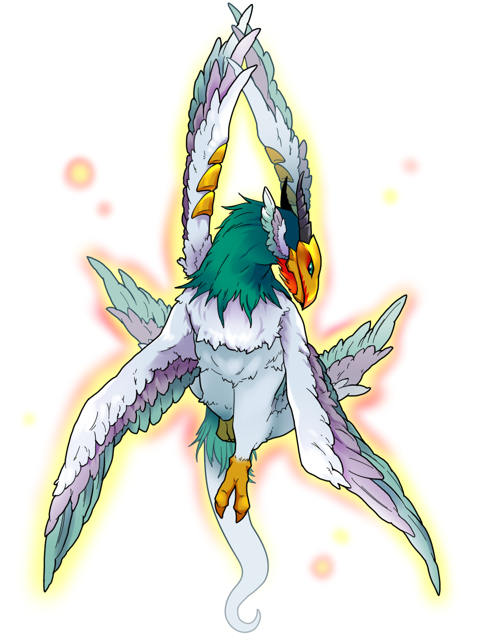 bird digimon digimon_tales feathered_wings green_eyes highres horns multiple_wings no_humans solo sparkle transparent_background valdurmon wings