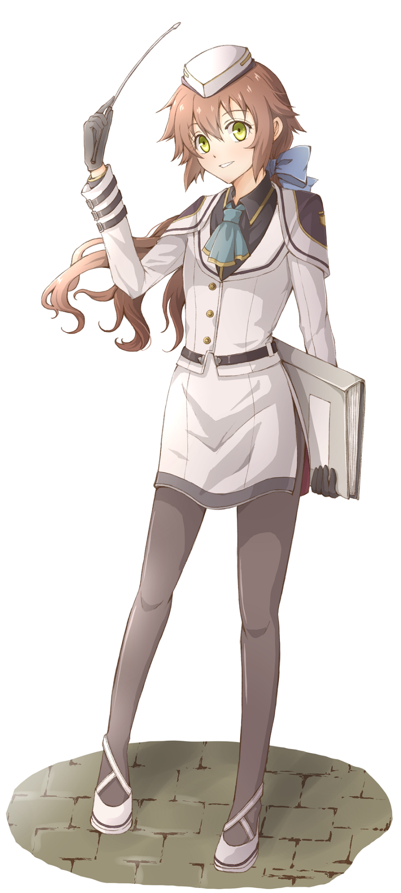 1girl aono_(aonocrotowa) bangs black_gloves black_legwear brown_hair capelet eiyuu_densetsu floating_hair full_body gloves green_eyes hair_between_eyes highres holding jacket long_hair long_sleeves miniskirt pantyhose parted_lips pencil_skirt sen_no_kiseki side_slit simple_background skirt solo standing towa_herschel uniform very_long_hair white_background white_jacket white_skirt