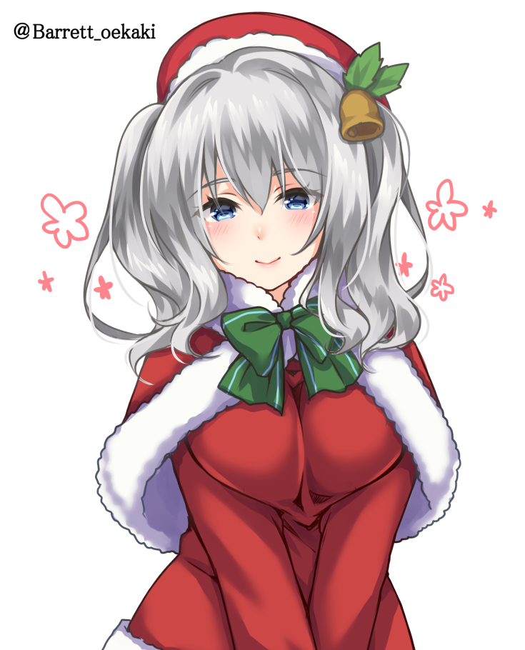1girl baretto_(firearms_1) bell beret blue_eyes blush breast_squeeze breasts christmas eyebrows_visible_through_hair eyes_visible_through_hair flower green_neckwear hat kantai_collection kashima_(kantai_collection) large_breasts long_hair looking_at_viewer santa_costume santa_hat silver_hair simple_background smile solo twintails twitter_username wavy_hair white_background