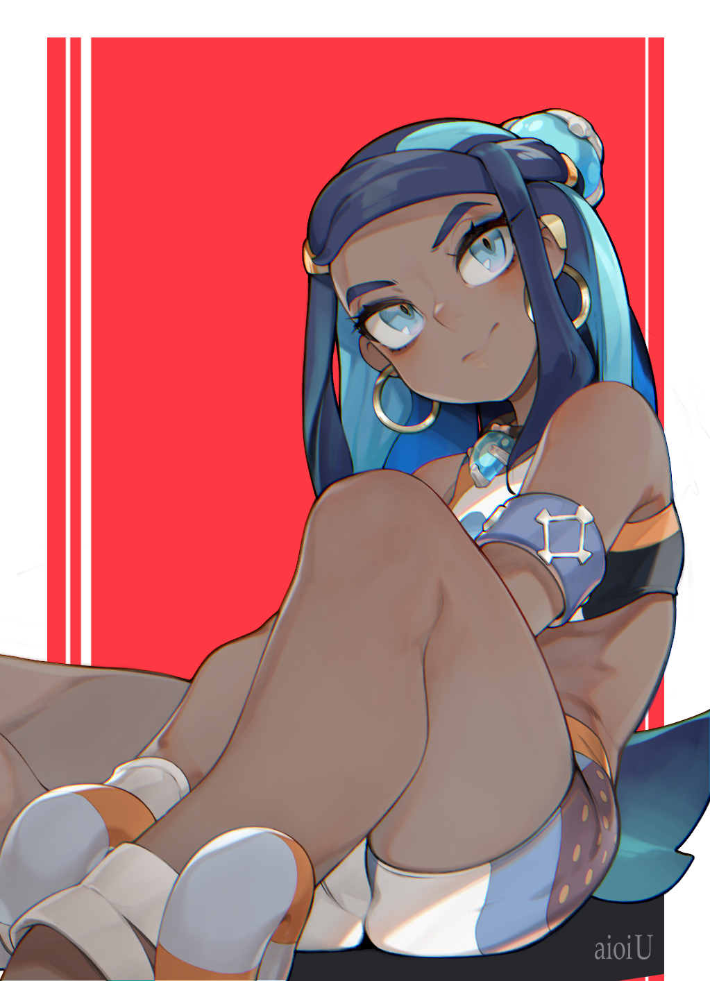 1girl 3: aioi_u armlet bare_shoulders blue_eyes blue_hair closed_mouth dark_blue_hair dark_skin earrings eyeliner gym_leader highres hoop_earrings jewelry lifebuoy long_hair looking_away looking_up makeup multicolored_hair pokemon pokemon_(game) pokemon_swsh rurina_(pokemon) sitting solo streaked_hair swimsuit tankini two-tone_hair very_long_hair